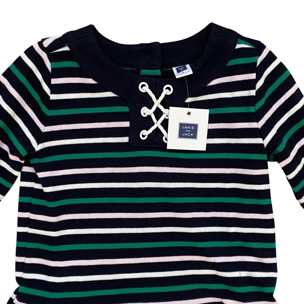 Janie and Jack Dress Long Sleeve Sweatshirt Blue Green White Pink Stripes Size 5